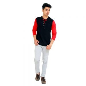 Color Block Men Round Neck Black and Red T-Shirt