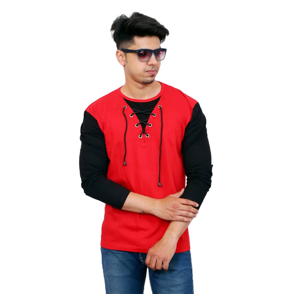 Color Block Men Round Neck Black and Red T-Shirt - Faricon