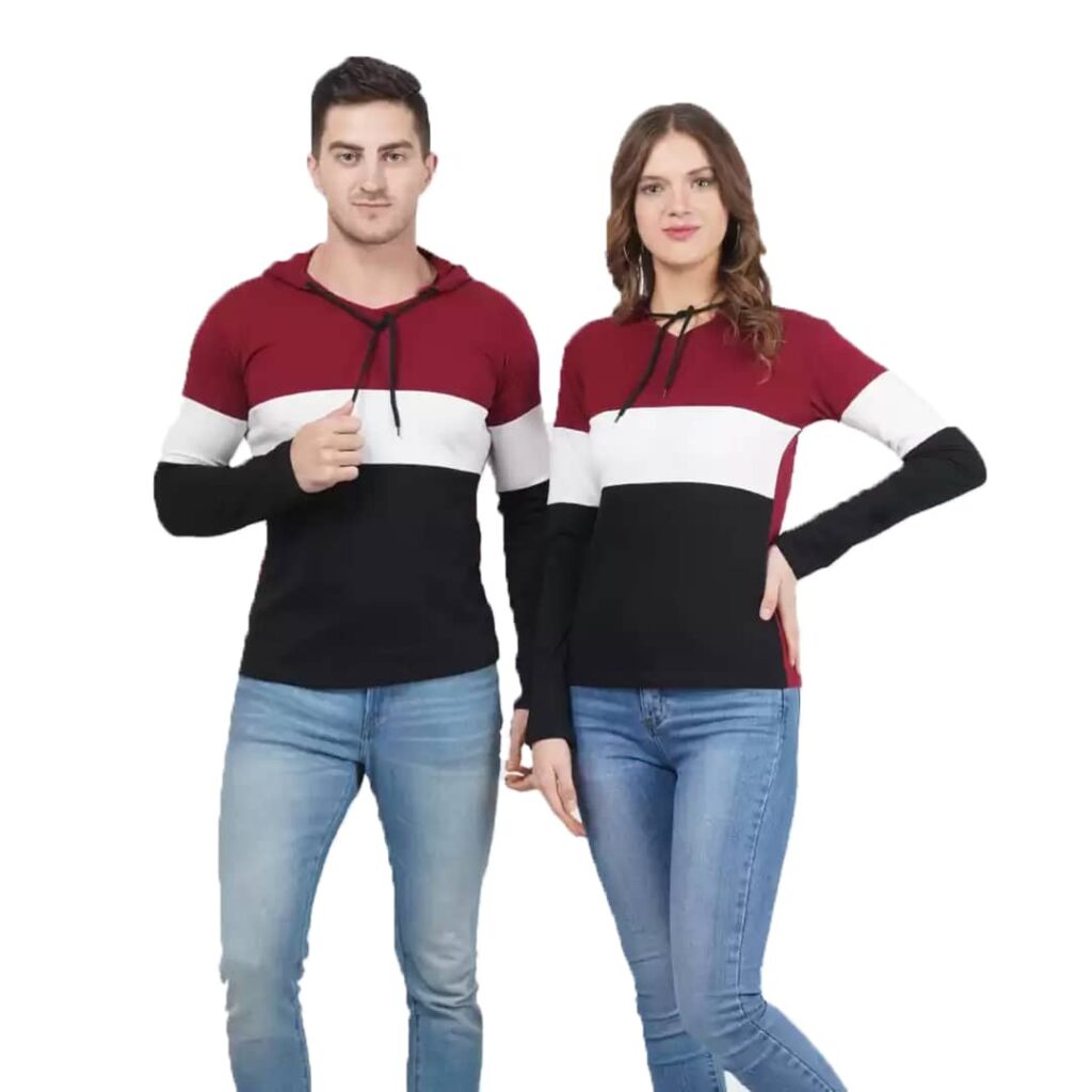 Couple Hooded Neck Maroon and White Color T-Shirt