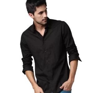 Men Solid Slim Spread Collar Casual Shirt Black