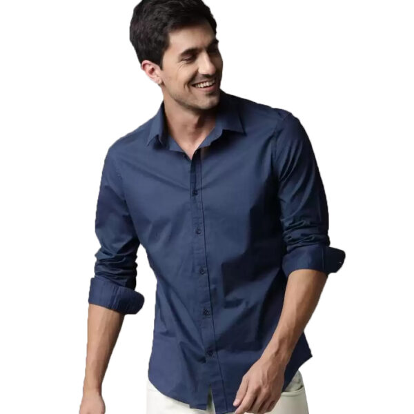 Men Solid Slim Spread Collar Casual Shirt Navy Blue