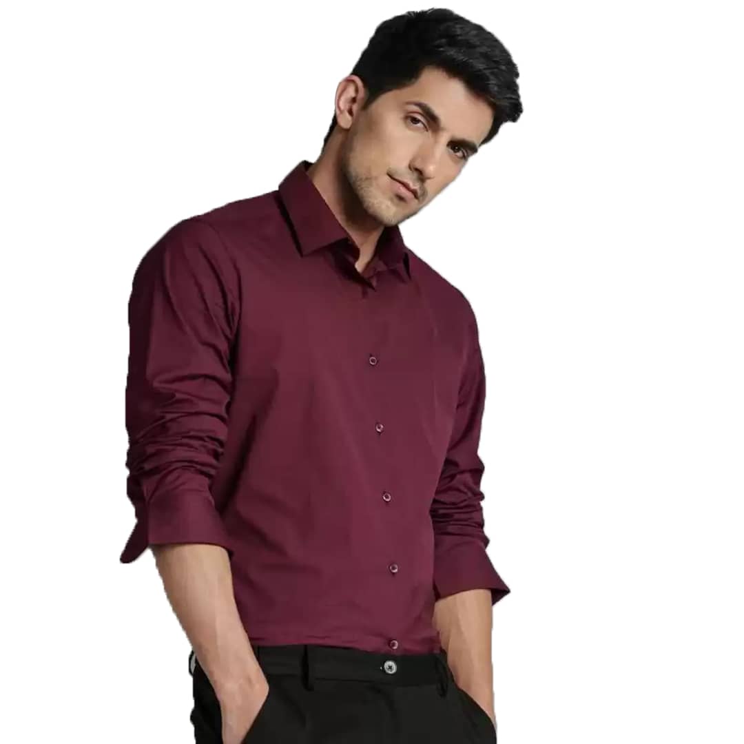 Men Solid Slim Spread Collar Casual Shirt Maroon Color