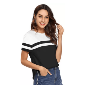 Color Block Women Round Neck White and Black T-Shirt