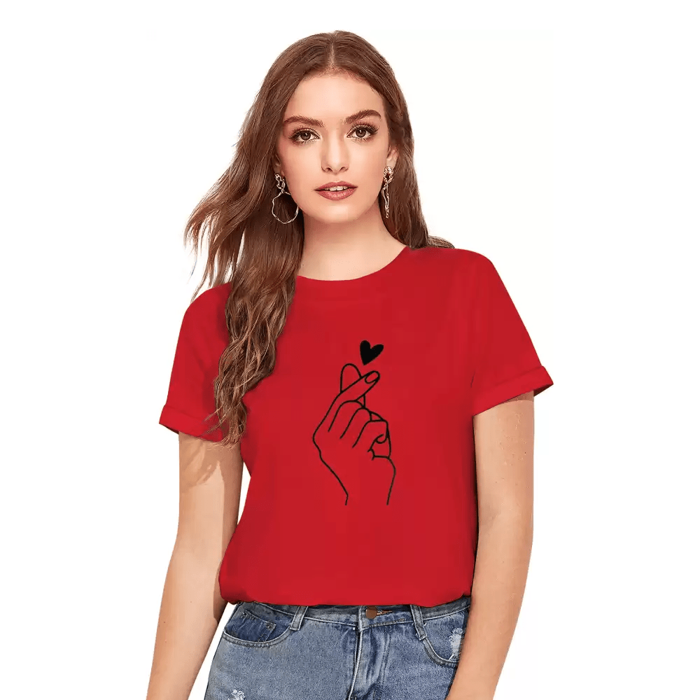 Printed Women Round Neck Red T-Shirt