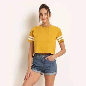 Solid, Color Block Women Round Neck Dark Mustard Crop T-Shirt