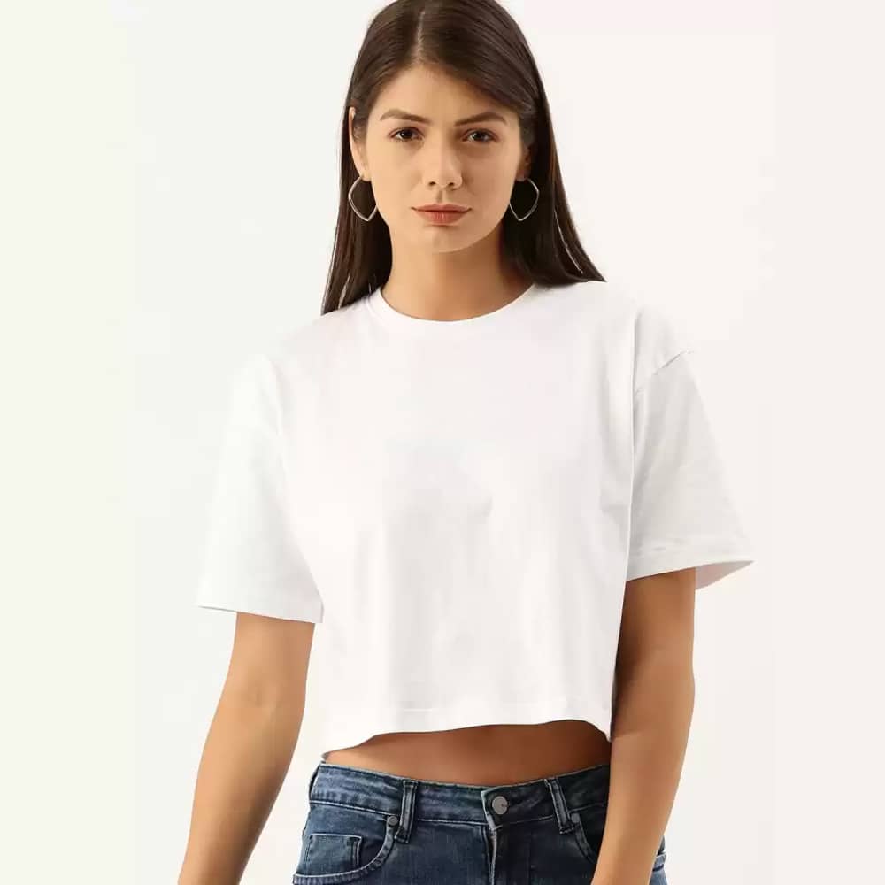 Solid Women Round Neck White Crop T-Shirt